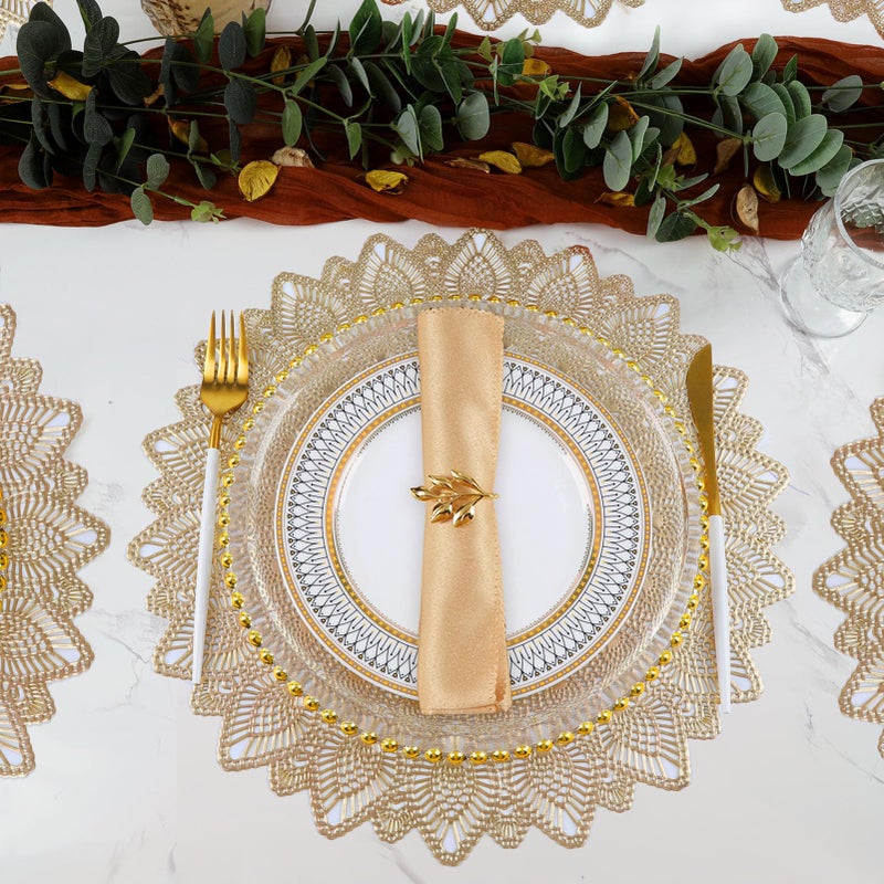 Mabbcoo Gold Round Placemats  Hollow Out Washable and Wipeable Place Mats  Pressed Vinyl Table Mats Set of 6 for Anniversary Dinner Kitchen Decorations - Image 4